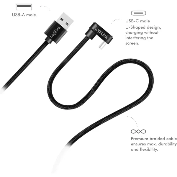 logilink CABLU alimentare si date LOGILINK, pt. smartphone, USB 2.0, USB Type-C (T) la USB-A (T) la 180 grade, 3m, 2 x ecranat, aluminiu, negru