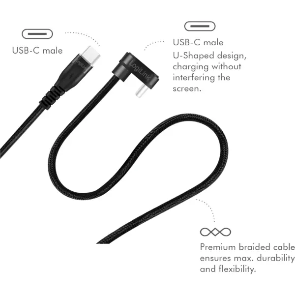 logilink CABLU alimentare si date LOGILINK, pt. smartphone, USB 2.0, USB Type-C (T) la USB Type-C (T) la 180 grade, 2m, 2 x ecranat, aluminiu, negru