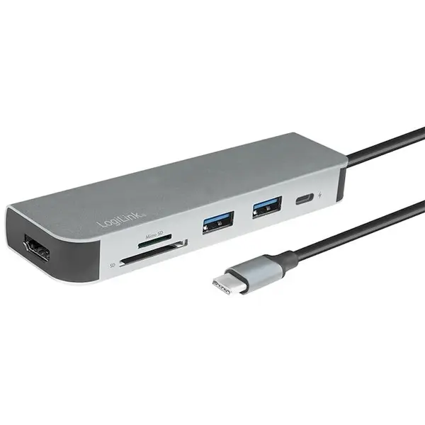 logilink Docking Station LOGILINK universal, conectare PC USB TYPE-C 3.2, USB 3.0 x 2, porturi video HDMI x 1, card reader, PD 2.0 pana la 60W, argintiu