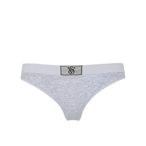 Logo cotton shine patch thong panty - medium heather grey S
