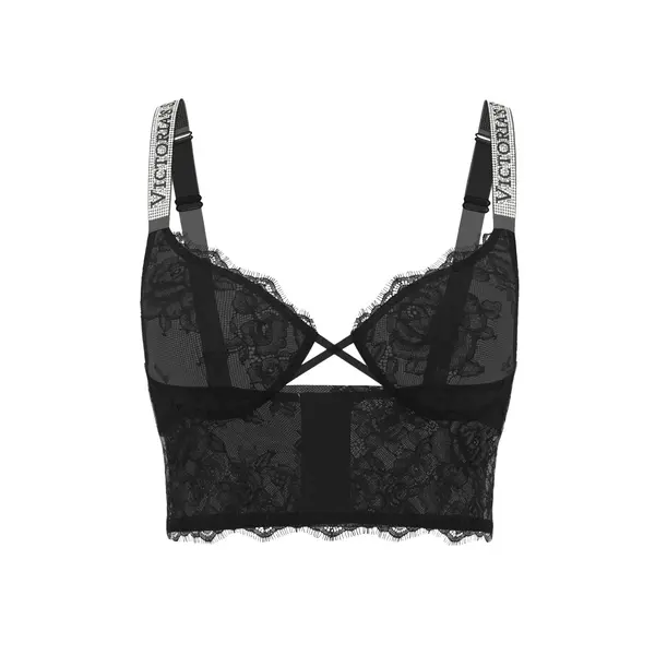 Logo shine strap lace longline demi bra - black M