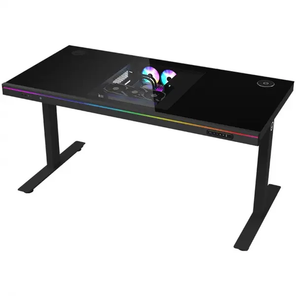 LORGAR Birou gaming LORGAR DESK ELITE 90, sticla calita, ajustare electrica inaltime 720-1160 mm, dimensiuni 1405x680 mm, incarcare wireless 15W, iluminare RGB, Negru