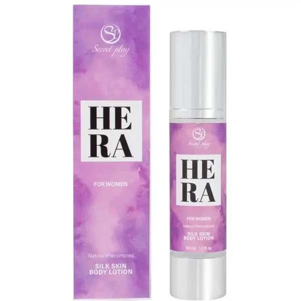 Loțiune pentru femei SECRET PLAY HERA Silky Skin, pentru corp, păr și masaj, cu feromoni, note de vanilie neagră și pară, 50 ml