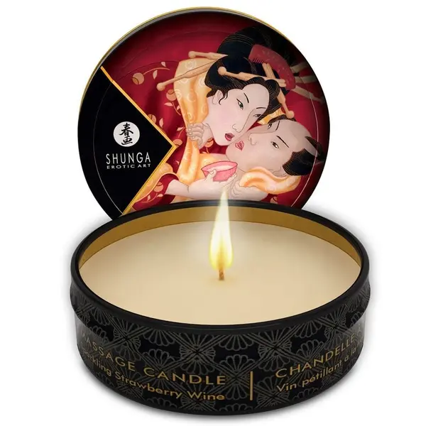 Lumânare de masaj Shunga – Mini Caress by Candlelight, cu aromă de căpșuni și cava,30 ml