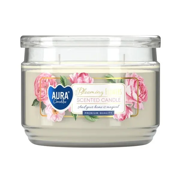 Lumanare Parfumata cu Doua Fitile si Capac Aura, Flori Inflorite, Timp Ardere 30 Ore, Alb, 280 g
