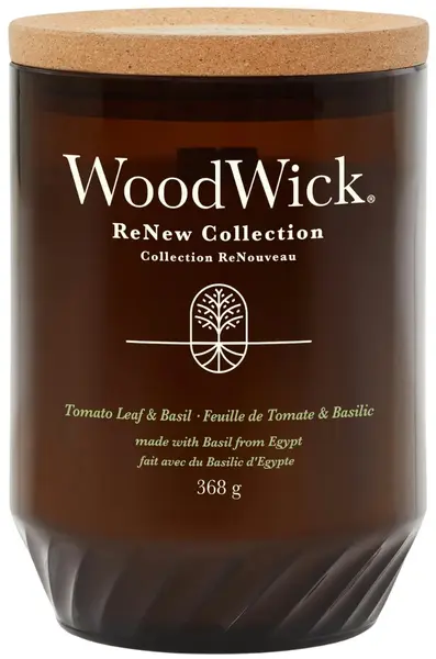 Lumânare parfumată WoodWick ReNew Frunză de roșie și busuioc, 368 g