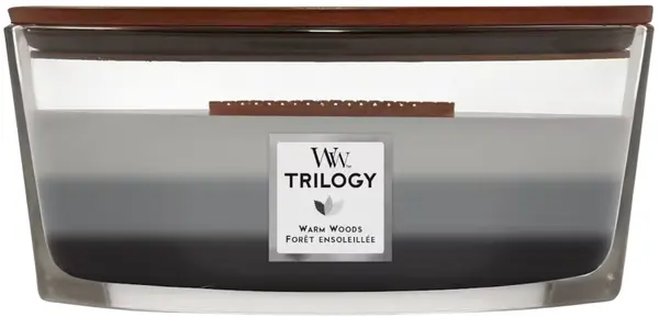 Lumânare parfumată WoodWick Trilogy - Lemn cald, 453.6 g