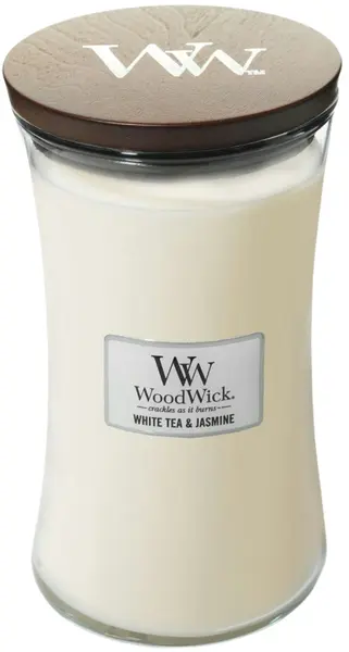 Lumânare parfumată WoodWick White Tea și Jasmin, 609.5 g