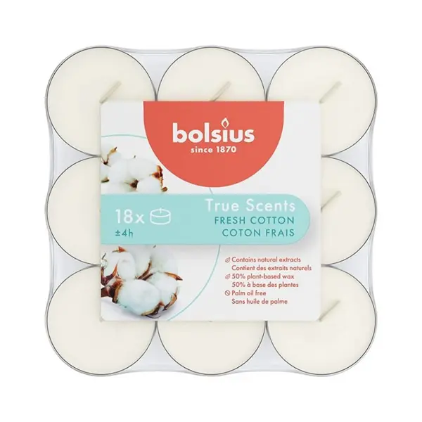 Lumanare Pastila Bolsius, Fresh Cotton, Timp de Ardere 4 Ore, 18 Bucati