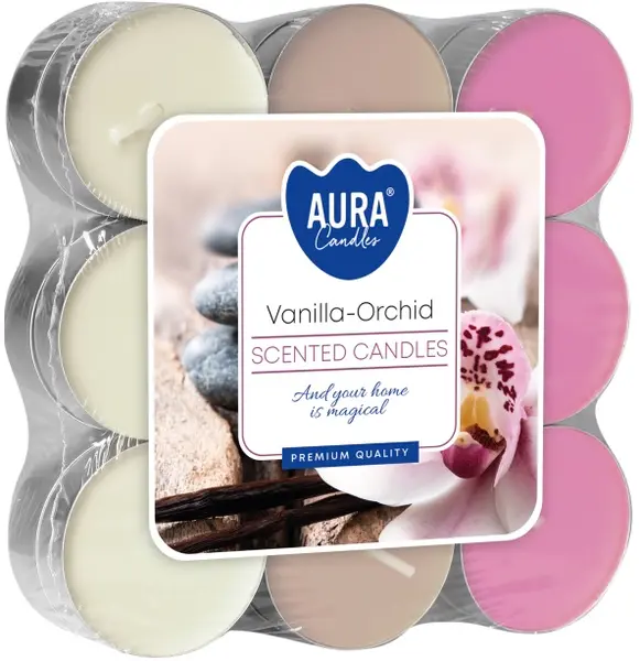 Lumânări parfumate de ceai Bispol Aura - Vanilla-Orchid, 18 bucăți