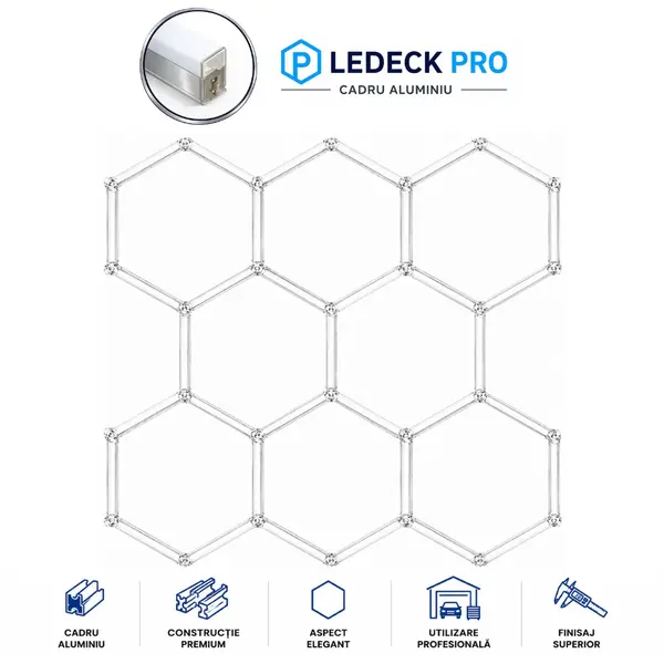 Lumină LED Hexagonală Profesională Aluminiu - 8 Module 440mm 236x246CM - Service Auto, Detailing, Ateliere, Spații Comerciale