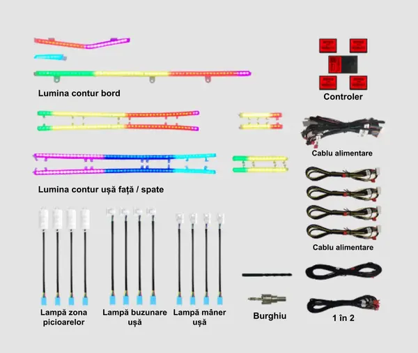Lumini ambientale dedicate Volvo XC90 2002-2014, XC90 2015-2023, RGB Acrilice 18 in 1 Dinamice cu efect symphony, Control din Aplicatie Bluetooth / Buton