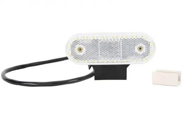 Lumini clarificare stanga dreapta, forma: oval, alb, LED, inaltime 40mm; latime 114mm; adancime 25mm, in relief, lungime cablu 500mm, cu cuier, 12 24V (cu clema pentru fir plat, conector: CLICK-IN JAE