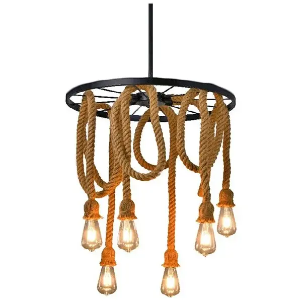 Lustra candelabru suspendata, industrial vintage, franghie de canepa, 6 x E27