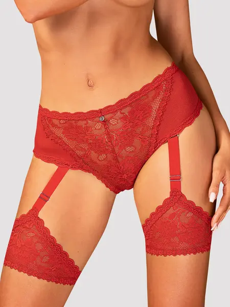 M/L - Chilot din tul si dantela cu jartele atasate Belovya Rosu