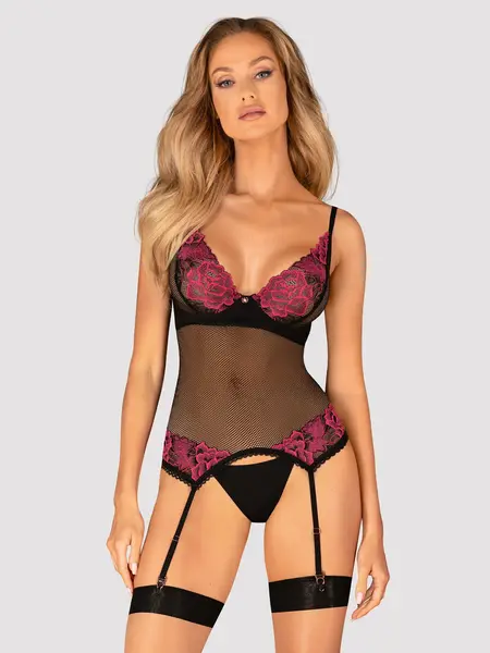 M/L - Corset din dantela cu chilot tanga inclus Rosenty Negru
