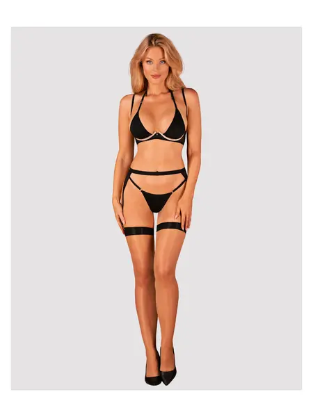 M/L - Set negru din 3 piese - sutien, thong si centura portjartier