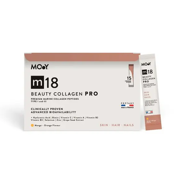 m18 PRO Colagen hidrolizat marin premium monodoza, dovedit clinic, beauty, 6.300mg tip I si III, aroma mango si portocale, 15 plicuri, 120 g, natural, Molecules of Youth