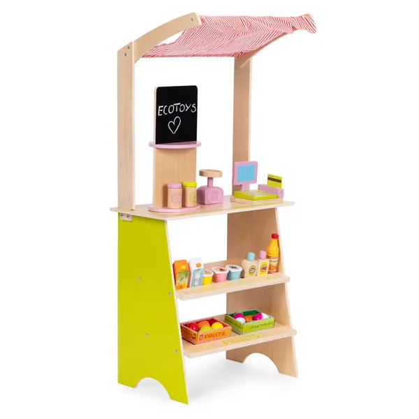 Magazin copii Ecotoys, lemn, casa de marcat, cantar, 20 accesorii, multicolor KID007240, la doar 232,00 lei