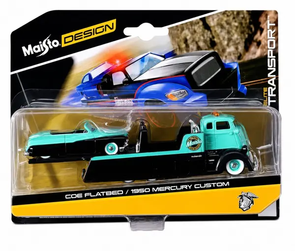 MAISTO DESIGN ELITE TRANSPORT SET CAMION CU RAMPA COE FLATBED SI MASINUTA MERCURY CUSTOM 1950 SCARA 1 LA 64