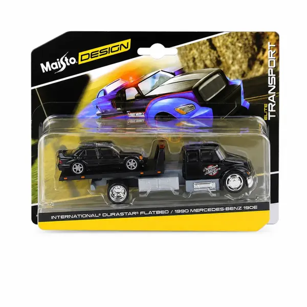 MAISTO DESIGN ELITE TRANSPORT SET CAMION CU RAMPA INTERNATIONAL DURASTAR FLATBED SI MASINUTA MERCEDES BENZ 190E 1990 SCARA 1 LA 64