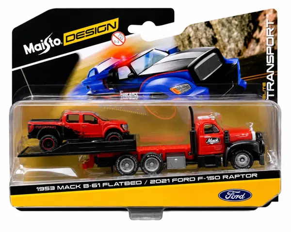MAISTO DESIGN ELITE TRANSPORT SET CAMION CU RAMPA MACK B 61 FLATBED 1953 SI MASINUTA FORD F150 RAPTOR 2021 SCARA 1 LA 64