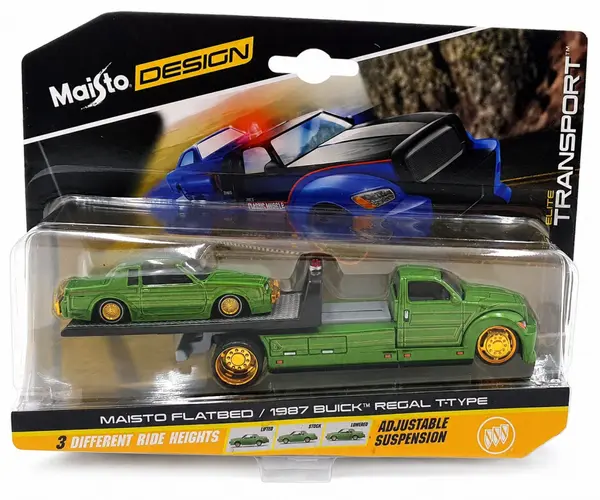 MAISTO DESIGN ELITE TRANSPORT SET CAMION CU RAMPA MAISTO FLATBED SI MASINUTA BUICK REGAL T TYPE 1987 SCARA 1 LA 64