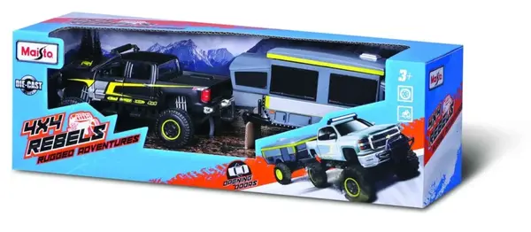 MAISTO MASINUTA METALICA 4X4 REBELS RUGGED ADVENTURES NEGRU CU REMORCA