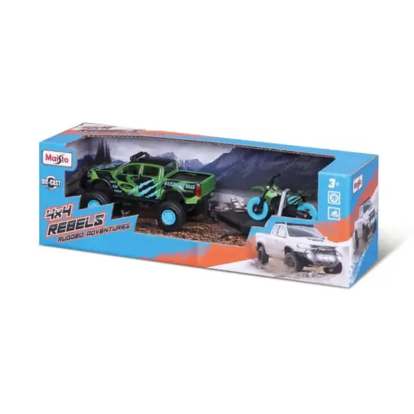 MAISTO MASINUTA METALICA 4X4 REBELS RUGGED ADVENTURES VERDE CU REMORCA