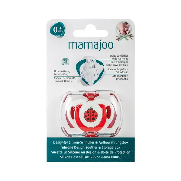 mamajoo Suzeta cu design ortodontic din silicon si cutie de depozitare, Buburuza & cutie rosie 0m+, 1 buc