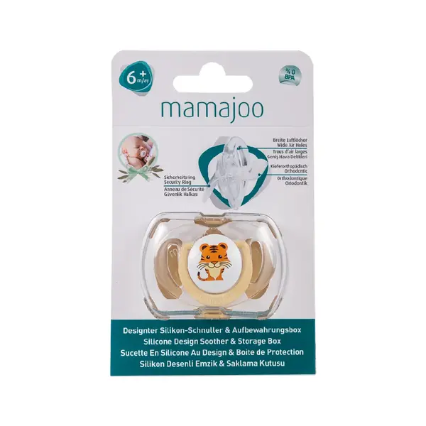 mamajoo Suzeta cu design ortodontic din silicon si cutie de depozitare, Tigru & cutie ecru 6 m+, 1 buc