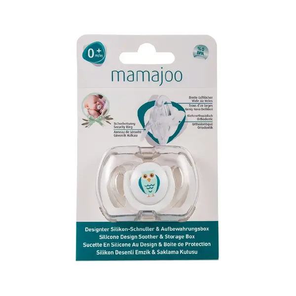 mamajoo Suzeta cu design ortodontic din silicon si cutie de depozitare, Bufnita & cutie alba 0m+, 1 buc