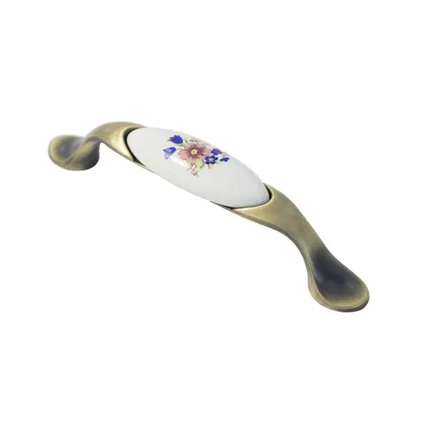 Maner Ceramica Model W0520/701B, 96 mm, Finisaj Antic Auriu/Flori Albastre