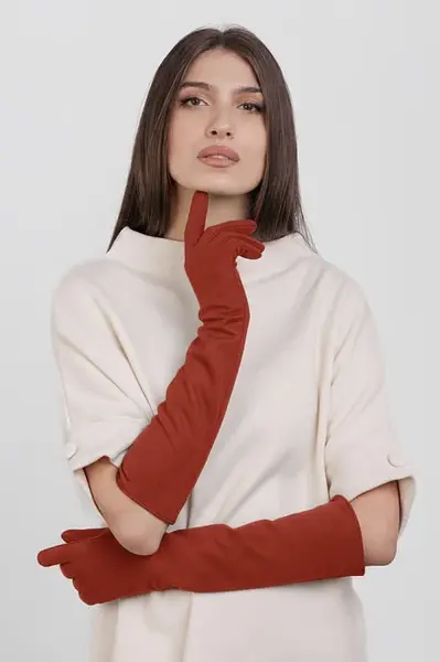 Manusi dama foarte lungi si simple din material textil catifelat caramiziu