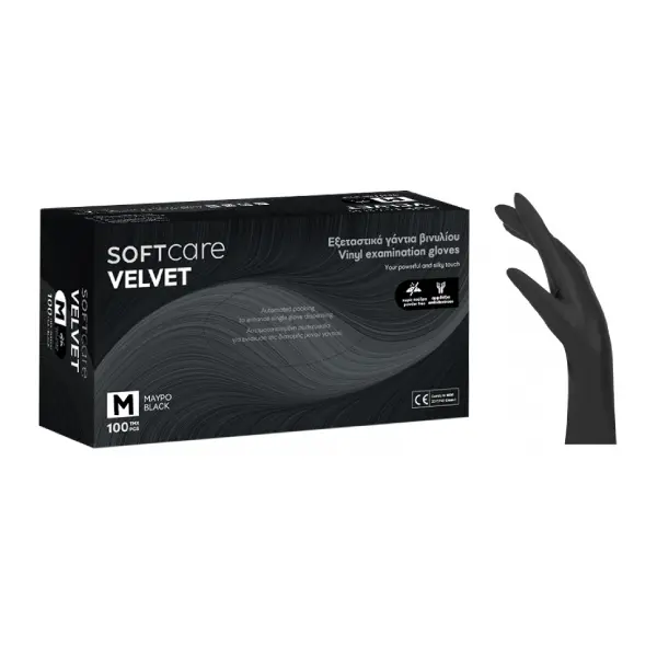 Manusi nepudrate negru Bournas Medicals Soft Care Velvet Vinyl Gloves M 100 buc
