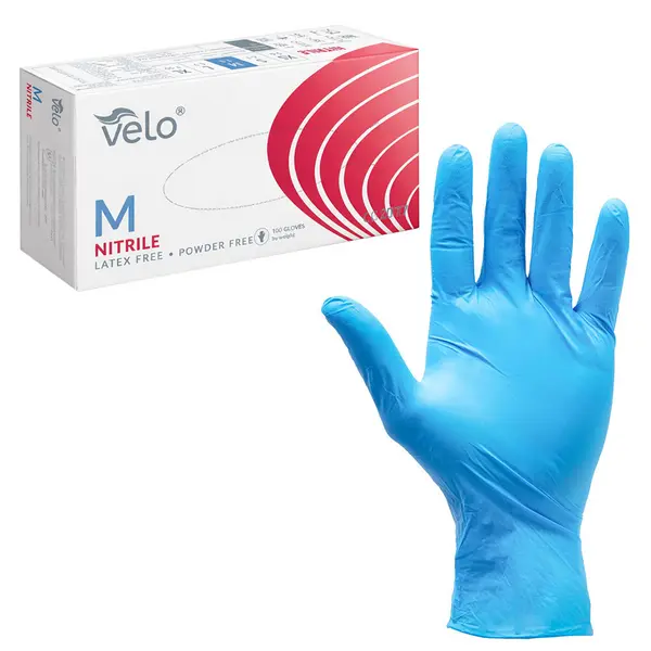 Manusi nitrilice Velo Nitrile Blue M, fara pudra, nesterile, microtextura pe degete, ambidextre, pentru uz medical si alimentar, 100 bucati