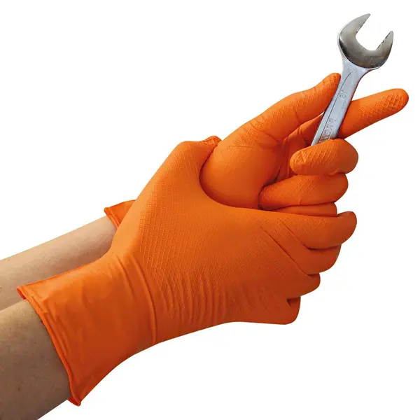 Manusi unica folosinta POWER GRIP - nitril fara pudra culoare orange - anti-alunecare cu grip - marime S - 50 buc