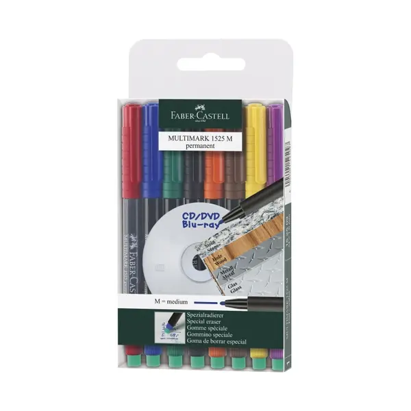 Marker permanent 1mm, varf M, 8 culori/set, Faber-Castell Multimark