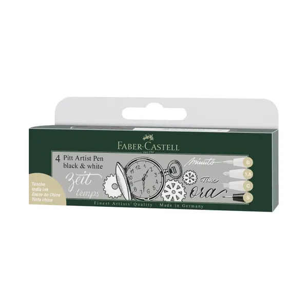 Marker permanent, 4buc/set, alb/negru, varf subtire, Pitt Artist Pen, Faber-Castell
