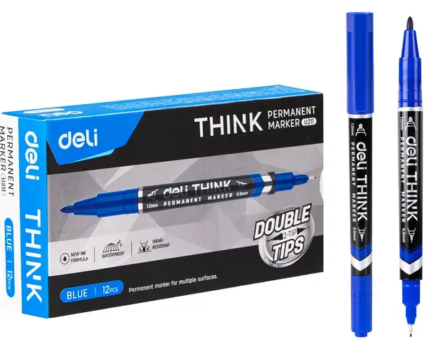 Marker permanent Deli Think - EU211, dublu vârf, albastru