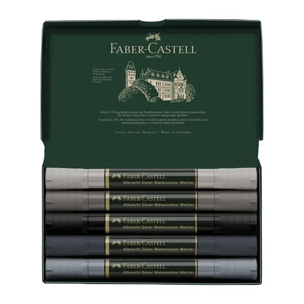 Marker solubil, 5buc/set, varf subtire + varf pensula, tonuri de gri, Albrecht Durer Portret, Faber-Castell