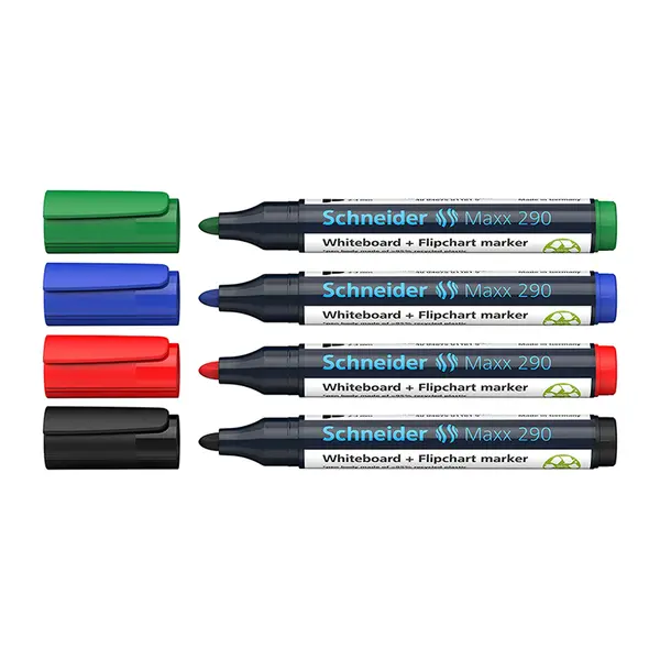 Marker whiteboard + flipchart, 2-3mm, 4 culori/set, varf rotund, Schneider Maxx 290