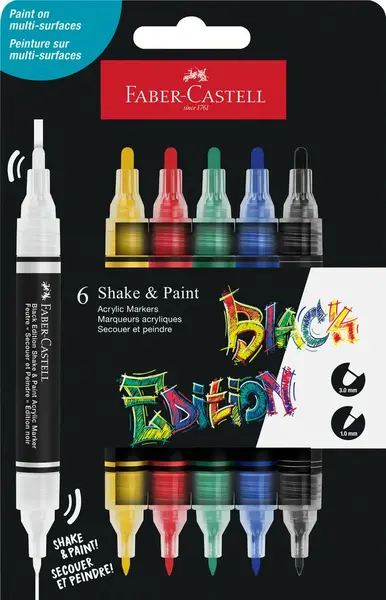 Markere acrilice 2 varfuri Shake&Paint, 6buc/set, culori clasice, Faber-Castell