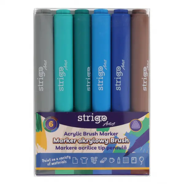 Markere acrilice Strigo , Set 6 culori, varf tip pensula