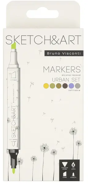 Markere permanente cu două capete Bruno Visconti Sketch&Art - Arhitectură, 6 culori