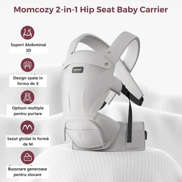 Marsupiu 2 in 1 Hip Seat cu perna pentru sold Momcozy Air Mesh gri
