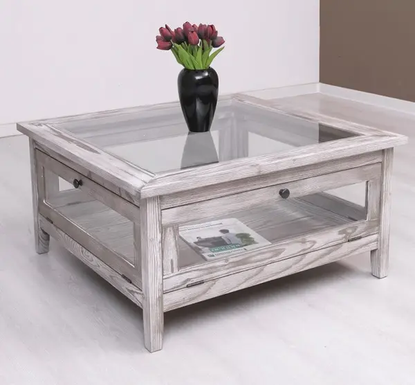 Masa cafea patrata cu sticla si usi sticla 90x90cm cu finisaj Dove Grey