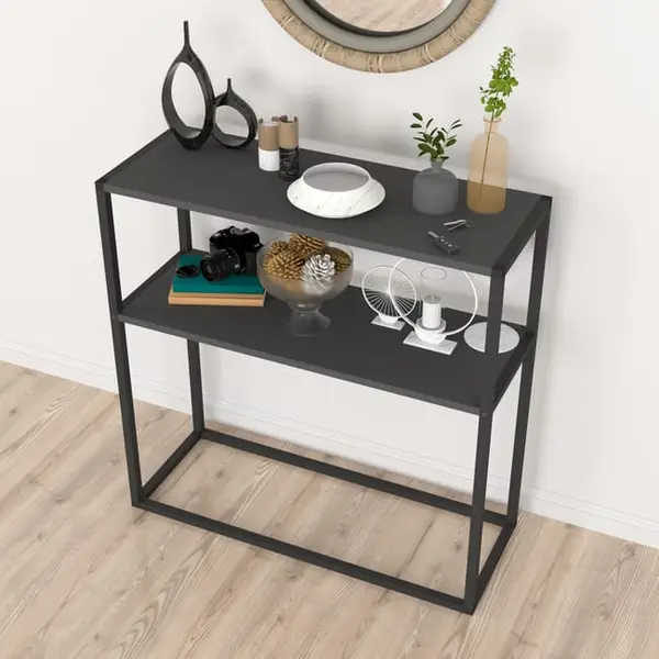 Masă consola decorativa cu 2 rafturi, 90x90x33,5 cm, efect stejar și cadru metalic