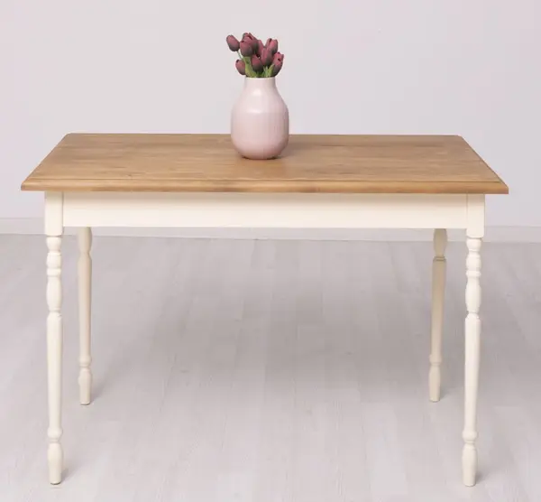Masa cu picioare strunjite, dim. 120x70x78 cu finisaj Walnut Waxed/Beige