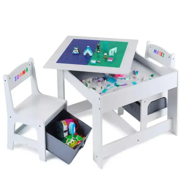 Masa cu scaune pentru copii si tabla compatibila cu piese LEGO, din MDF, Sertare Depozitare, Organizator Jucarii, Tabla de Scris, Desenat, Studiat. Alb cu gri, 3-6 ani - Default Title